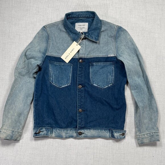 Liquor N Poker Cut and Sew Denim Jacket Colorblock Blue Cotton Size L NWT - Picture 1 of 14